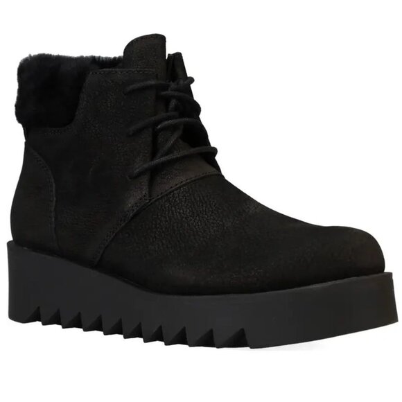 Eileen Fisher Kenille Wedge Bootie Size 6 Black Suede Genuine Shearling Trim NEW - Picture 2 of 14